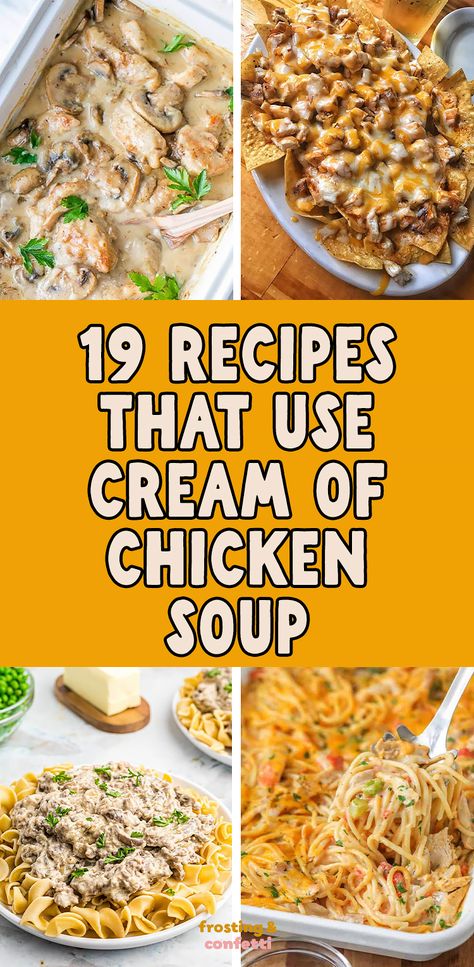 Looking for easy and delicious meal ideas using canned cream of chicken soup? You'll love these family-friendly recipes that are perfect for any occasion. There is chicken spaghetti, chicken nachos, cream chicken bake, beef stroganoff, and more Recipes Using Can Cream Of Chicken Soup, Rice Recipes With Cream Of Chicken Soup, Cream Of Chicken Soup Chicken Bake, Uses For Cream Of Chicken Soup, Gravy Using Cream Of Chicken Soup, Things To Make With Cream Of Chicken Soup, Dinner Recipes With Cream Of Chicken, Recipes To Use Cream Of Chicken Soup, Crockpot Recipes Using Cream Of Chicken Soup