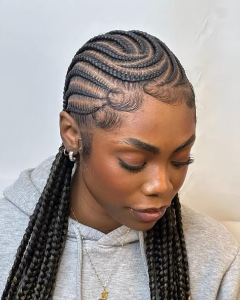 Swoopy and Straight Cornrows to the Back Cornrow Go Back Hairstyles, Cornrow Braids With Natural Hair, Feed In Braid Styles For Black Women, Styled Cornrows Black Women, Cornrow Back Hairstyle, Cornrows Braids For Black Women Straight Back, Beautiful All Back Hairstyles, Beautiful Cornrow Styles, All Back Styles Braids Cornrows