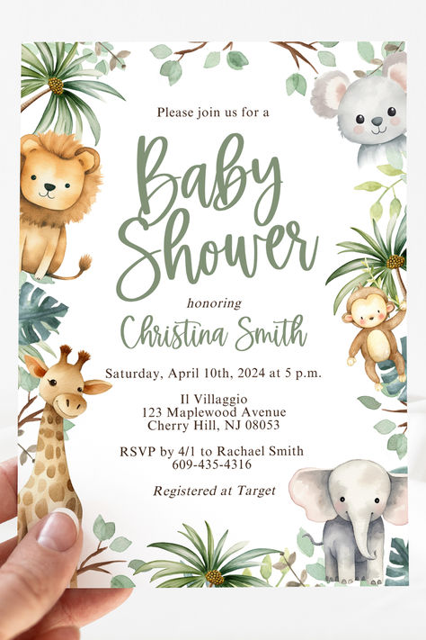 Safari Baby Shower Invitation Template includes lush greenery and jungle animals such as a lion, giraffe, monkey and an elephant Jungle Invitations Template, Safari Theme Baby Shower Invitations, Wild Animals Baby Shower Theme, Jungle Theme Baby Shower Invitations, Safari Baby Shower Gender Neutral, Baby Shower Themes Safari, Safari Baby Shower Boy Invitations, Welcome To The Jungle Baby Shower Theme, Baby Animal Baby Shower Theme