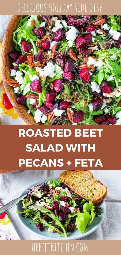 Here is a lovely salad with roasted beets, pecans, feta, cranberries, and balsamic vinaigrette on mixed greens or kale- your choice! A fabulous side dish for fall and winter. Best Beet Salad, Beets Roasted, Salad With Pecans, Beet Salad With Feta, Beet Salad Recipe, Recipes By Ingredients, Beet Salad Recipes, Roasted Beet Salad, Balsamic Vinaigrette Dressing