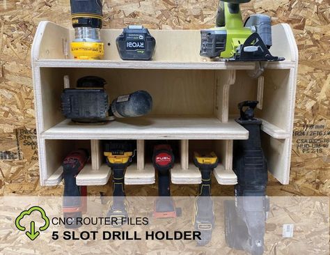 This is a cordless power tool station storage cabinet made from plywood on a CNC Router machine using these 3D and 2D files. This power tool storage shelf stores drills impacts circular saws reciprocating saws and other tools in a persons workshop or garage. Woodworking Plans Shelves, Tool Wall, Cnc Router Projects, Power Tool Organizer, Power Tool Storage, Drill Holder, 3d Files, Routeur Cnc, Woodworking Project Plans