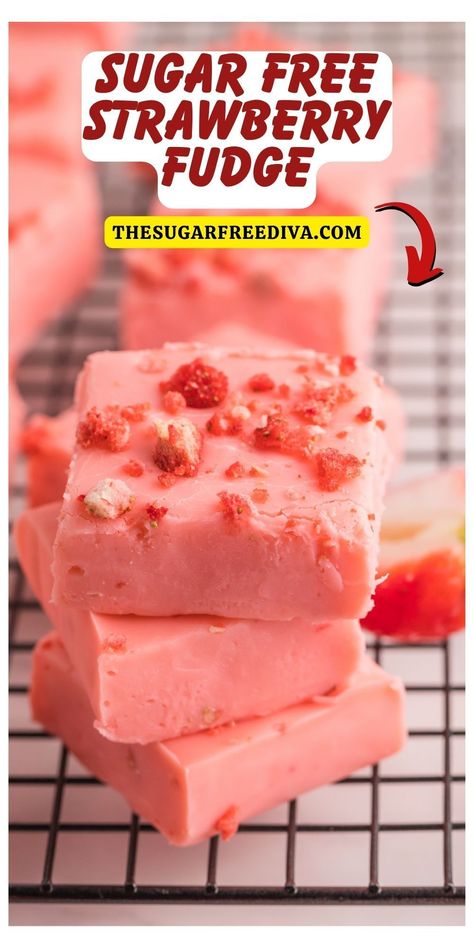 *Sugar Free Strawberry  Fudge Recipe, a simple and delicious dessert or snack recipe made with  dried strawberries and no added sugar. Read more at: https://thesugarfreediva.com/sugar-free-strawberry-fudge-recipe/ #sugarfree #sugarfreefudge #sugarfreerecipes #fudge #strawberries Long Shelf Life Food Recipes, Sugar Free Powdered Sugar Recipe, Low Sugar Desserts For Diabetics, Sugar Free Fudge Recipe, Sugar Free Valentine Treats, Zero Sugar Desserts, Sugar Free Fudge Pops, Sugar Free Recipes Dinner, Low Calorie Candy