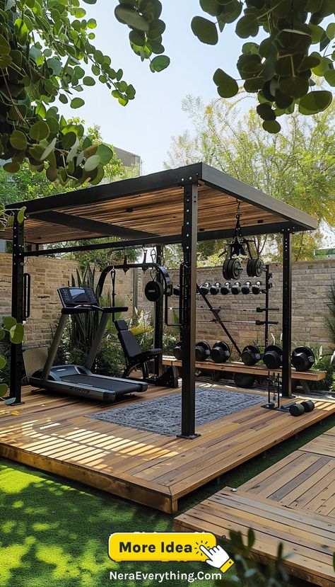 An outdoor home gym with natural surroundings, featuring a variety of fitness equipment and a covered area for all-weather workouts. Outdoor Yoga Space Design, Outside Gym Ideas Backyards Diy, Outdoor Gym Backyard, Outdoor Home Gym Ideas, Gym Setup At Home, Outdoor Yoga Area, Outside Home Gym, Outside Gym Ideas Backyards, Gym Area In Home