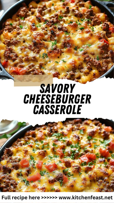 Enjoy all the flavors of a classic cheeseburger in this savory, cheesy casserole! Perfect for busy nights, this dish is kid-friendly and highly customizable. Crock Pot Cheeseburger Casserole, One Pot Cheeseburger Casserole, Supper Ideas Kid Friendly, Cheesy Turkey Burger Casserole, Cheese Burger Casserole Recipes, Football Casserole, Hamberg Recipes Casserole, Burger Casserole Recipes, Hawaii Meals