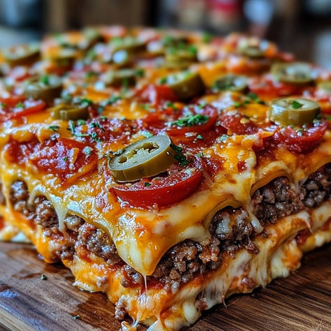 Ultimate Cheesy Pizza Burger Bake - Ultimate Cheesy Pizza Burger Bake, Cheesy Pizza Burger Bake, Pizza With Hamburger Meat, Unique Pizza Topping Ideas, Ground Burger Dinner Ideas, Brat Pizza, Beef Pizza Recipes, Pizza Bake Casserole, Pizza Burger Pie