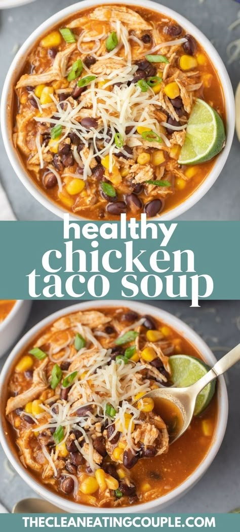 This Easy Chicken Taco Soup Recipe is so delicious! Make it in your instant pot, crock pot or on the stove for a quick, healthy dinner! Made with no cream cheese, this recipe is weight watchers friendly (zero points!) and so simple to make. Healthy Chicken Taco Soup, Easy Chicken Taco Soup, Easy Chicken Taco, Chicken Taco Soup Recipe, Healthy Chicken Tacos, Chicken Tacos Easy, Taco Soup Recipe, Quick Healthy Dinner, Chicken Taco Soup