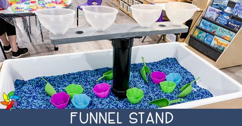 Easy DIY Funnel Stand for Sensory Play Preschool Sensory Table, Prek Sensory, Early Childhood Education Classroom, Playgroup Ideas, Sensory Tables, Preschool Sensory, Amazing Aquariums, Ikea Table, Cue Cards