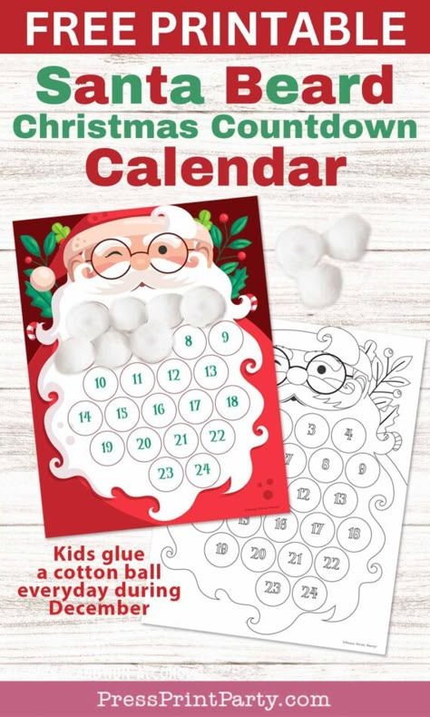 Free Printable Santa Beard Countdown Advent Calendar for Christmas - choose from the full color or coloring versions. This cute Santa beard countdown is a super easy craft that's perfect for young children, and it's guaranteed to bring some extra holiday cheer to your home. Children will glue cotton balls to fill in the beard. They will watch Santa's beard grow longer and longer as we get closer to the big day and build the anticipation of Santa. - Press Print Party! Calendar For Christmas, Countdown For Christmas, Countdown To Christmas Craft, Santa Advent Calendar, Free Printable Advent Calendar For Kids, Santa Beard Countdown Free Printable, Christmas Countdown Santa Beard, Santa Advent Calendar Printable, Santas Beard Advent Calendar