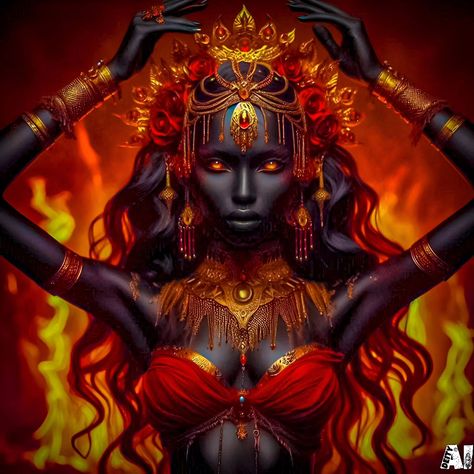 Fire Goddess, Dark and Powerful Fantasy Art of a Flaming Queen. . . 👍 Follow For More amazing AI Generated artworks 🌟 . . The realm of dark fantasy with this breathtaking artwork featuring a powerful fire goddess surrounded by flames. Her glowing eyes, intricate gold jewelry, and fierce expression create an image of divine wrath and strength. Perfect for fans of dark fantasy and mythical deities. . . #aiart #aideityart #digitalart #hyperrealism #photorealism #aigenerated #goddessart #deityart... Art Mythical Creatures, Goddess Portrait, Deity Art, Goddess Of Fire, Fierce Expression, Fire Goddess, Portrait Aesthetic, Mythical Creatures Fantasy, Aesthetic Fairy