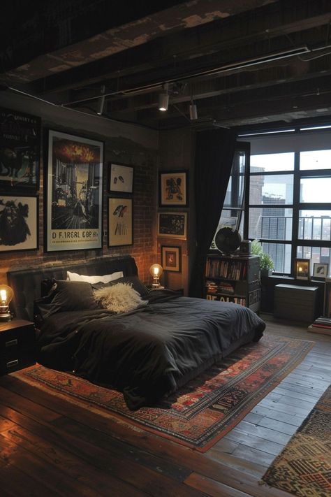 Sleek Bedroom Ideas Modern, Dark Luxe Bedroom, Wall Decor Aesthetic Ideas, Mens Bedroom Decor Modern, Modern And Contemporary Bedroom, Married Couple Bedroom Aesthetic, Modern Studio Bedroom, Contemporary Bedroom Aesthetic, Aesthetic Male Bedroom