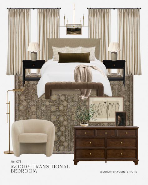 Neutral Bedroom Decor With Black Accents, Dark Wood Dresser Bedroom Ideas, Bedroom Inspirations Master Transitional, Dark Nightstand Bedroom, Moody Transitional Bedroom, Moody Neutral Bedroom, Bedroom Decor Dark Wood, Dark Wood Bedroom Furniture Decor Ideas, Moody Transitional