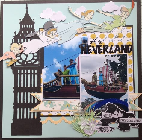 Off to Neverland - Project Idea - Scrapbook.com Disney Scrapbook Page Ideas, Disney Scrapbooking Layouts Cricut, Disney Parade Scrapbook Ideas, Disney Scrapbooking Ideas, Disneyland Scrapbook Ideas, Magic Kingdom Scrapbook Layouts, Disney Scrapbooking Layouts Ideas, Disneyworld Scrapbook, Disneyland Scrapbook