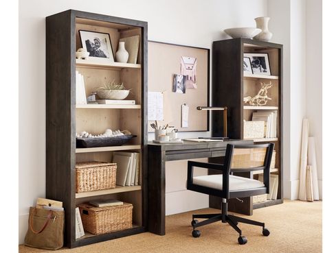 The Spring Lookbook | Pottery Barn Small At Home Office, At Home Office Space, Pottery Barn Bookcase, Wide Bookcase, Office Bookshelves, At Home Office, No Closet Solutions, Office Guest Room, Desk Organization Office