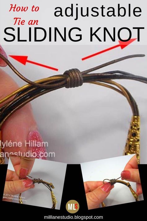 Learn how to tie an adjustable knot to finish the ends of your leather jewellery instead of attaching a clasp. The sliding knot also makes it easy to take off and put on without any help and adjust for the perfect fit. #MillLaneStudio #leatherjewelryknot #adjustableknot #howtotieaslidingknot #leathertutorial #leatherbraceletdiy Macrame Adjustable Knot, How To Tie An Adjustable Knot Bracelets, Tie A Bracelet, Ceramic Necklaces, Slip Knot Bracelets, Sliding Knot Bracelet, Western Jewellery, Adjustable Sliding Knot, Leather Tutorial