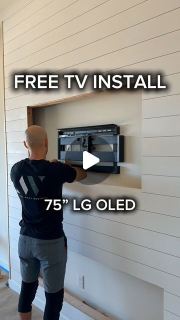 Accent Wall Designs on Instagram: "Need a TV hung?  Book an accent wall with us and we will hang your TV for FREE!  The picture quality on these new @lgusa @lg_global OLEDs is insane!  Is it time to upgrade your TV wall?  DM us for a quote, AZ Only! . Using @sanussystems full motion wall mount. . #tv #tvhanging #wallmount #sanusspaces #installation #free #tvwall #lg #oled #wallhanging #mounting #easy #inspo #howto #design" Tv With Shiplap Wall, Height Tv On Wall, Wall Tv Mount Ideas, Tv Focus Wall Ideas, Large Wall Around Tv Decor, Cheap Tv Wall Ideas, 75 Inch Tv Above Fireplace, Tv Wall Design Basement, Large Tv On Wall Ideas Living Room