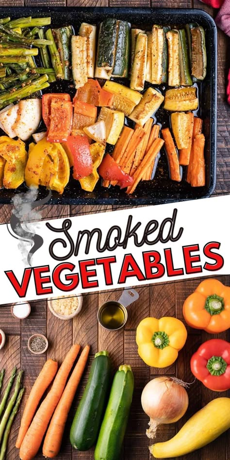 Pellet Grill Kabobs, Bell Peppers And Zucchini Recipes, Smoked Vegetables Pellet Grill, Smoker Veggie Recipes, Veggies In Smoker, Smoked Veggies In Electric Smoker, Traeger Smoked Vegetables, Veggies On The Smoker, Smoked Sweet Peppers