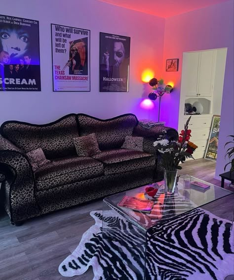 Velvet Apartment Decor, 2000s Living Room Decor, Apartment Decorating Edgy, Apartment Decor Y2k, Studio Apartment Women, Hype Beast Living Room Decor, Early 2000s House Decor, Zebra Print Living Room Ideas, Living Room Decor Y2k