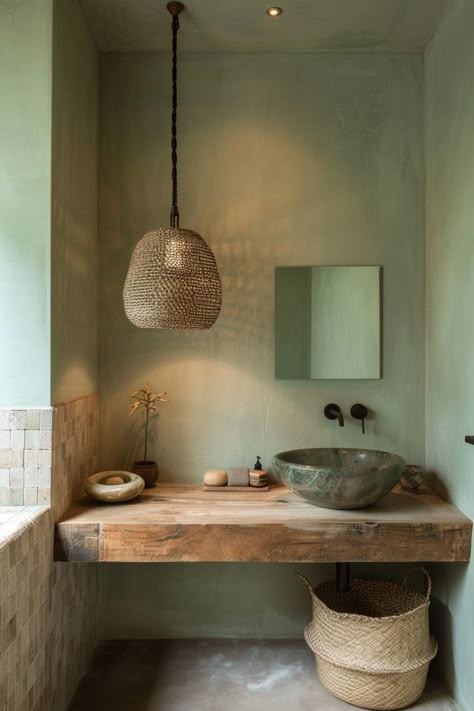 Ideas for styling an organic modern bathroom. Organic Half Bath, Modern Organic Half Bathroom, Green And Terracotta Bathroom, Organic Powder Room, Concrete Floor Bathroom, Concrete Bathroom Floor, Clay Bathroom, Bali Bathroom, Modern Spa Bathroom