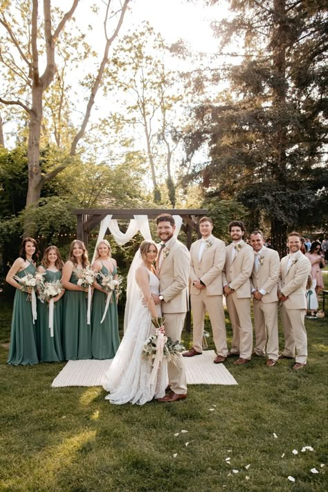 Suits For Sage Green Wedding, Cream And Sage Wedding Suit, Sage Green Wedding Pictures, Sage And Gold Groomsmen, Sage Green Bridesmaid With Groomsmen, Green Bridesmaid Dress And Groomsmen, Siege Green Wedding, Sage Bridesmaids And Groomsmen, Green Themed Wedding Bridesmaid Dress