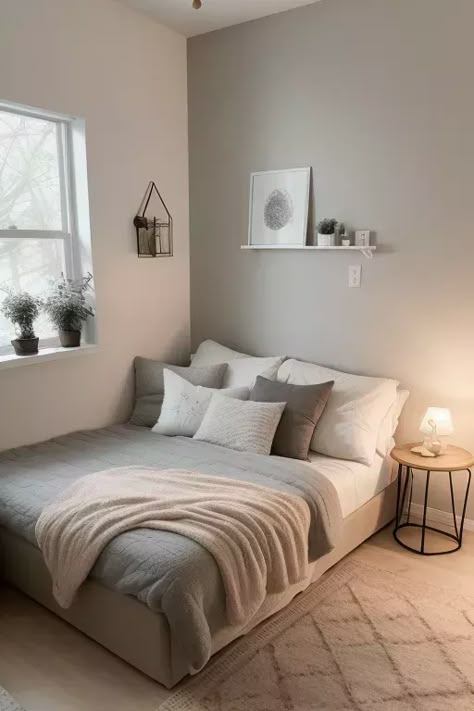 "Home Decor Inspo: Transforming Your Bedroom" Small Room Decor Ideas Minimalist, Minimalist Bedroom Studio, Small Bedroom Ideas Cozy Relaxing, Small Bedroom With Closet Ideas, Small Bedroom Inspo Minimalist, Bedroom Ideas For Small Rooms Couples, 20 Year Old Room Ideas Bedrooms, Apartment Aesthetic Cozy Bedroom, Plain Room Ideas