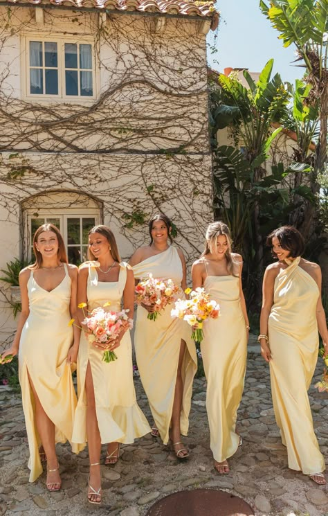 Jasmine Halter Maxi Dress ~ Pale Yellow Luxe Satin Champagne Bridesmaid Dresses Not Satin, Peach Cream Bridesmaid Dresses, Mallorca Wedding Bridesmaids, Bridesmaid Dresses For Spring, Bridesmaid Dress Same Color Different Style, Soft Bridesmaid Dresses, Tuscan Wedding Bridesmaids, Pale Yellow Bridesmaids Dresses, Bridesmaid Wedding Dresses