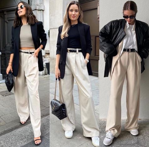 Lady Business Outfit, Classy Lady Outfits, Casual Meeting Outfit, All Beige Outfit, Outfit With White Pants, Wide Leg Trousers Outfit, Boss Lady Outfit, Smart Casual Women Outfits, Meeting Outfit