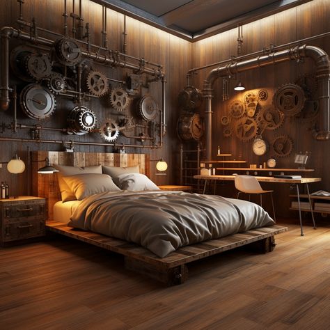 Travel back in time with these steampunk bedrooms, featuring vintage wood, industrial lighting, and an array of gears and clocks. #SteampunkBedrooms #VintageWood #IndustrialLighting #TimeTravelDesign Steampunk Aesthetic Room, Industrial Steampunk Interior Design, Steam Punk House, Punk Bedroom Ideas, Steam Punk Bedroom, Steampunk Bedroom Ideas, Steam Punk Room, Steampunk Room Decor, Barbie Hotel