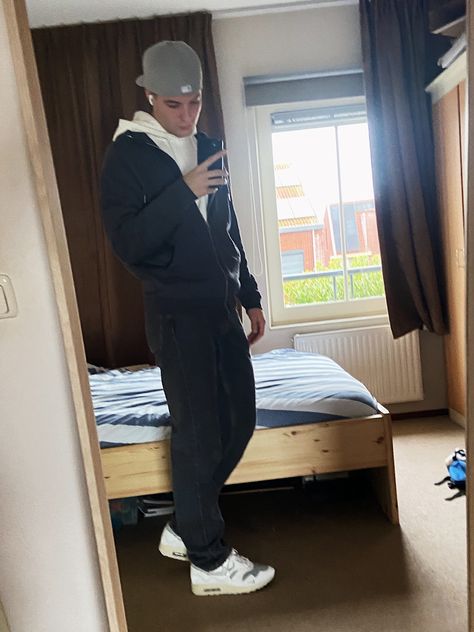 Men outfit Airmax 1 Outfit Men, Airmax 1 Outfit, Zip Hoodie Outfit, Grey Zip Hoodie, Hoodie Outfit Men, Pants White, Black Zip Ups, Hoodie Outfit, Different Outfits