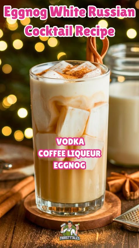 "Indulge in the festive flavors of the Eggnog White Russian Cocktail! This delightful twist on the classic White Russian recipe combines creamy homemade eggnog with rich vodka and coffee liqueur. Perfect for holiday gatherings, this Eggnog cocktail is sure to impress your guests. Discover easy White Russian recipes and elevate your holiday celebrations with this delicious Egg Nog drink. Cheers to a cozy winter with the ultimate Eggnog White Russian!" Egg Nog Shake Recipe, Alcohol Eggnog Drinks, Egg Nog White Russian Recipe, Egg Nog Liqueur Recipes, Dirty White Russian Recipe, Eggnog Mixed Drinks, Egg Nog Drink Recipes, Christmas Eggnog Cocktails, Eggnog Christmas Drinks