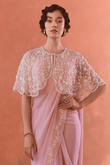 Buy Pink Saree Chiffon Embroidered Cutdana Blouse Straight Floral Poncho Set For Women by SUMMER BY PRIYANKA GUPTA Online at Aza Fashions. Summer By Priyanka Gupta, Pink Organza Saree, Saree Chiffon, Padded Blouse, Embroidered Saree, Embroidered Border, Blouse Sleeveless, Organza Saree, Pink Saree