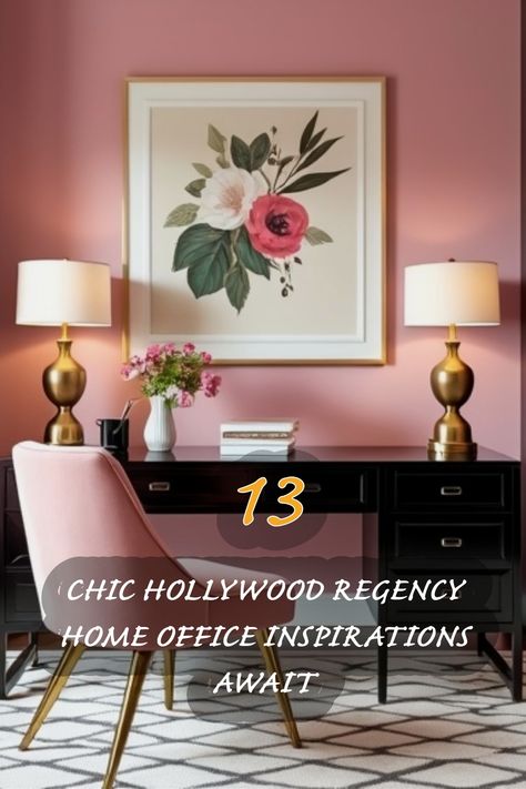 Transform your workspace with elegant Hollywood Regency elements. I've curated stunning ideas that blend sophistication with comfort, showcasing how a touch of floral artwork and luxurious lighting can create an inviting atmosphere. Whether you're redesigning your home office or seeking fresh decor ideas, these inspirations will elevate your space beautifully. Decor White Walls, Midcentury Modern Office, Glam Office Decor, Hollywood Regency Bedroom, Luxurious Lighting, Hollywood Regency Home, Regency Home, 1950s Hollywood, Glam Office