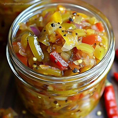 Pickled Pepper and Onion Relish – A Tangy and Flavorful Condiment - My Home Made Recipe Pickled Peppers And Onion Relish, Canning Green Peppers And Onions, Canning Bell Peppers And Onions, Canning Peppers And Onions, Pickled Peppers And Onions, Pickled Pepper And Onion Relish, Pepper And Onion Relish Recipes, Sweet Pepper Relish Recipe Canning, Sweet Pepper Relish Recipe