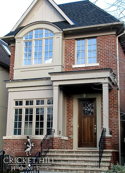 Red Brick House Exterior Trim Colors, Asymmetrical Colonial Exterior, Orange Brick Houses, Brick House Exterior Makeover, Hill Homes, Brick Exteriors, Red Brick House Exterior, Steel Homes, Red Brick Exteriors