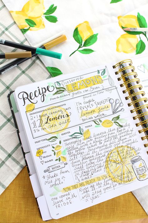 A Keepsake Kitchen Diary recipe spread by Valerie McKeehan - preserved lemons. The Kitchen Diary is a DIY cookbook with room to write memories. Bullet Journal Meal Plan, Scrapbook Recipe Book, Homemade Recipe Books, Recipe Book Design, Diy Cookbook, Recipe Book Diy, Buch Design, Recipe Scrapbook, Recipe Binder