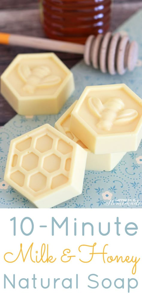 This easy DIY Milk and Honey soap can be made in just 10 minutes, and it boasts lots of great skin benefits from the goat's milk and honey! A wonderful quick and easy homemade gift idea! Natural Homemade Soap, Savon Diy, Diy Soap Bars, Easy Soap Recipes, Săpunuri Handmade, Easy Homemade Gifts, Diy Soaps, Happiness Is Homemade, Honey Soap