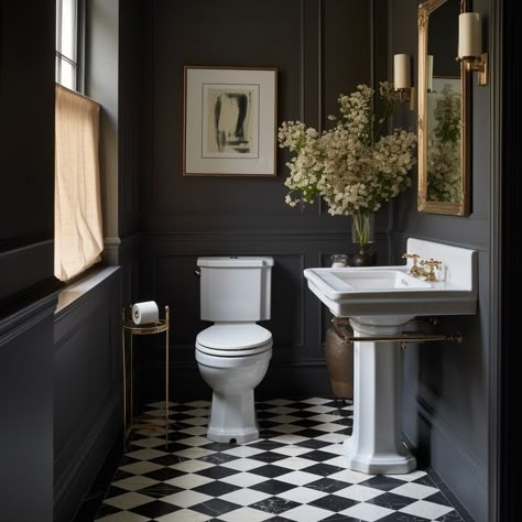 Checkered Tile Powder Room, Checkered Powder Room Floor, Checkerboard Floor Powder Room, Powder Bathroom Paneling, Tile Wall Powder Bathroom, French Blue Bathroom Walls, Monochromatic Powder Room, Moody Modern Powder Room, Moody Toilet Room