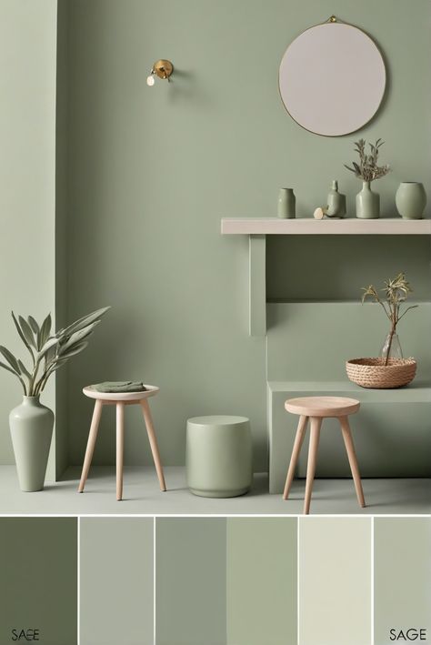 sage green, visual guide, color palette, 2024 trends Sage Green Wall Design, Sage Green Study Room, Colour Ideas For Kitchen Walls, Sage Green Room Decor Ideas, Sage Green Office Walls, Sage Green Interiors, Sage Green Salon, Kitchen Paint Colors For Walls, Green Paint House