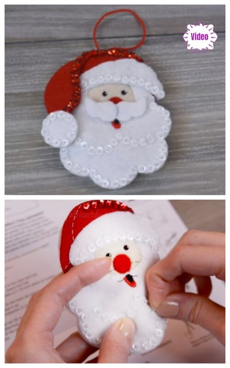 Christmas Craft: DIY Felt Santa Christmas Ornament Video Tutorial Christmas Craft Diy, Diy Xmas Ornaments, Felt Santa, Diy Felt Christmas Ornaments, Felt Ornaments Patterns, Baby Mobil, Unicorn Christmas, Sew Patterns, Felt Crafts Christmas