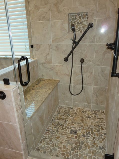 Walk In Shower Ideas, Hickory Cabinets, Small Shower, Frameless Shower Enclosures, Small Showers, Bathroom Remodel Shower, Frameless Shower, Corner Shower, Bathroom Decoration