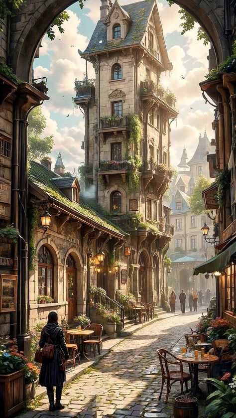 Fantasy City Illustration, Fantasy Cities Art, World Building Aesthetic, Fantasy Town Aesthetic, Fantasy City Street, Dnd City Art, Town Fantasy Art, Fantasy City Aesthetic, Fantasy Town Concept Art