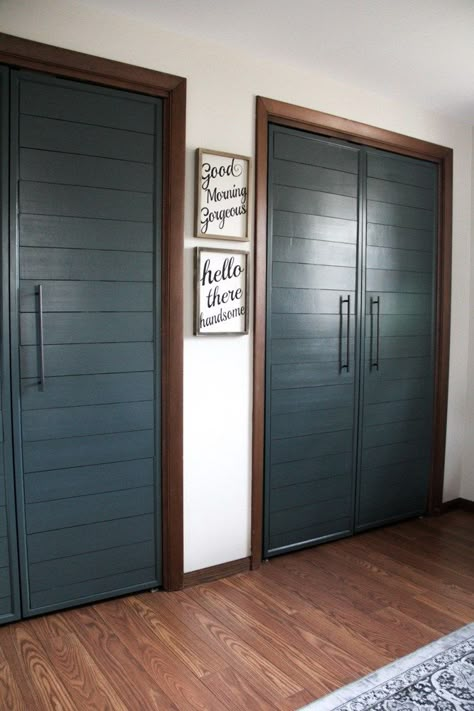 Love this DIY project from Bright Green Door! Shiplap forest green closet doors. So good. Shiplap Doors, Modern Closet Doors, French Closet Doors, Closet Door Ideas, Closets Ideas, Diy Closet Doors, House Rehab, Closet Door Makeover, Closet Diy