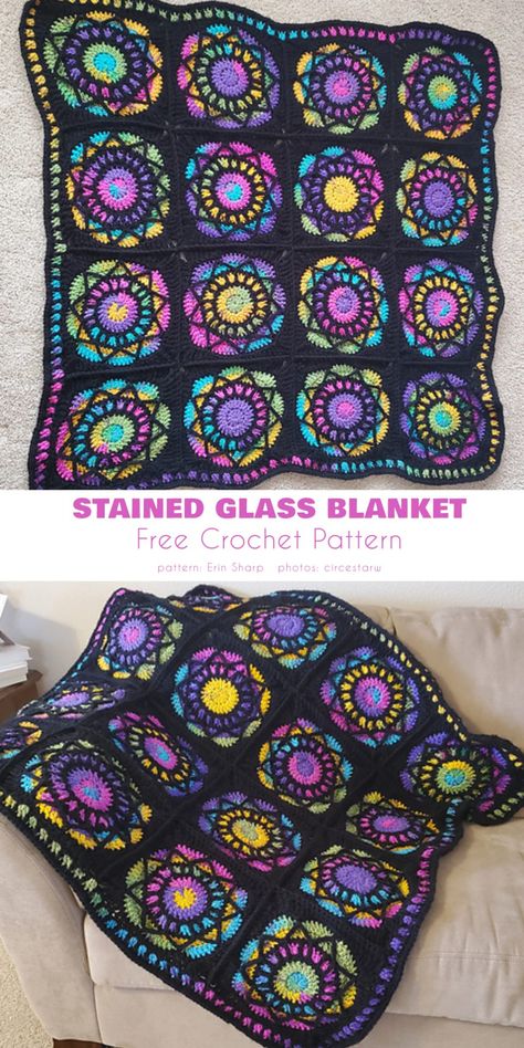 Fantastic Stained Glass Square Free Crochet Patterns Blanket Yarn Free Crochet Patterns, Crochet Stained Glass Square, Eclipse Crochet Pattern, Moon Phase Crochet Blanket, Picture Crochet Patterns, Cool Crochet Patterns Blanket, Alien Head Granny Square, Space Themed Granny Square, Stained Glass Crochet Square