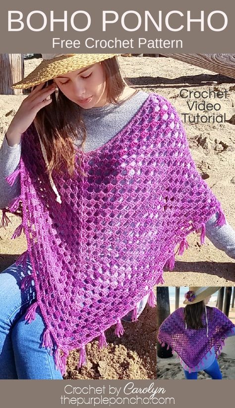 Timeless Boho Poncho - Free Crochet Pattern - The Purple Poncho Crocheted Ponchos, Crochet Poncho Patterns Easy, Boho Crochet Patterns, Poncho Patterns, Boho Poncho, Crochet Poncho Free Pattern, Crochet Poncho Patterns, Ladies Poncho, Poncho Pattern