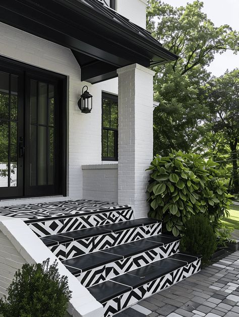 Porch Tile Ideas: Geometric Patterned Tiles Checkered Porch Floor, Black And White Outdoor Tiles, Black And White Tile Front Porch, Tile Porch Ideas, Tiled Outdoor Steps, Front Entrance Tile Ideas Entryway, Outdoor Step Tiles, Black And White Porch Ideas, Porch Tiles Outdoor