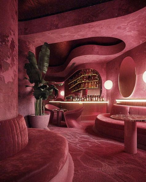 Green vs pink 70s bar lounges 🍸 [AI] Get your wall posters on liminaldestinations.com (link in bio!) • • • • #70sinterior #1970sinterior #70saesthetic #1970s #70svibes #70snostalgia #70sdecor #70s #vintage #interiordesign #homedecor #luxuryhomes #midcentury 70s Beauty Salon, 70s Club Interior, House Interior 70s, Bringing The Outside In, 70s Luxury Aesthetic, Pink Bar Design, 70s Lounge Aesthetic, 70s Hotel Aesthetic, Pink Green Interior Design