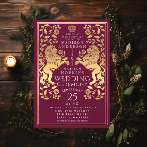 Lion Medieval, Ancient Wedding, Cover Design Inspiration, Nerdy Wedding, Gold Wedding Invitation, Reception Dinner, Gold Wedding Invitations, Book Binding, Wedding Design