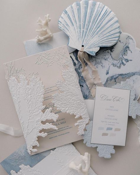 An amazing stationery design by @truffypi that beautifully captures the ocean's beauty using abstract marble patterns and vibrant textures… | Instagram Beach Wedding Tropical, Embossed Wedding Invitations, 16 Invitations, Seashell Wedding, Beach Theme Wedding Invitations, Wedding Tropical, Sea Wedding, Ocean Wedding, Sweet 16 Invitations