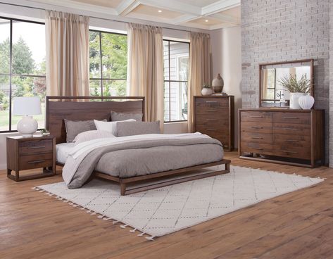 Lofton 4-Piece King Set Brown Wood Bedroom, Live Edge Headboard, Mirror Nightstand, Modus Furniture, Platform Bedroom Sets, Wood Bedroom Sets, Bed Dresser, King Platform Bed, Queen Platform Bed