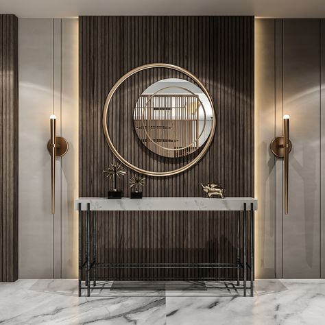 Office Foyer Design Entrance, Wall Console Design Modern, Interior Design Mirror Wall, Console Table Wall Design, Mirror Design Wall Dining Room, Console Wall Design, Dining Area Wall Design, Entry Wall Design, Foyer Wall Design