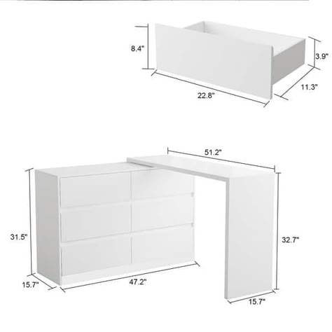 32.7"H Rotating Dresser and Desk 6 Drawer Dresser Makeup Vanity White - Bed Bath & Beyond - 36484673 Dresser Vanity Bedroom Minimalist, Ikea Dresser And Desk Combo, Dresser And Desk Combo, Desk And Vanity In One, Desk Dresser Combo, Makeup Desk Ideas, Dresser And Desk, Desk And Dresser, Desk And Vanity